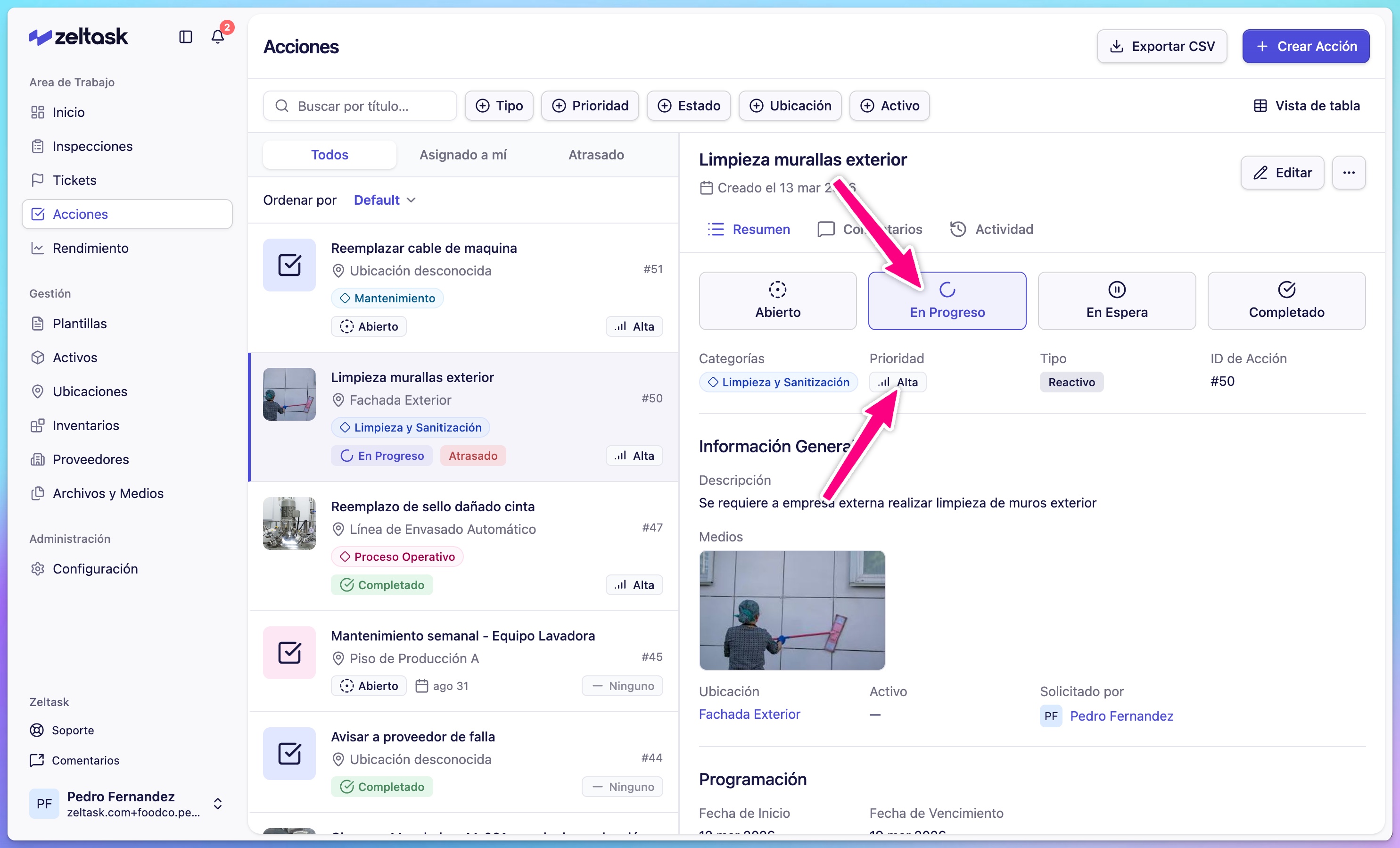 Action showing both status and priority in the detail view